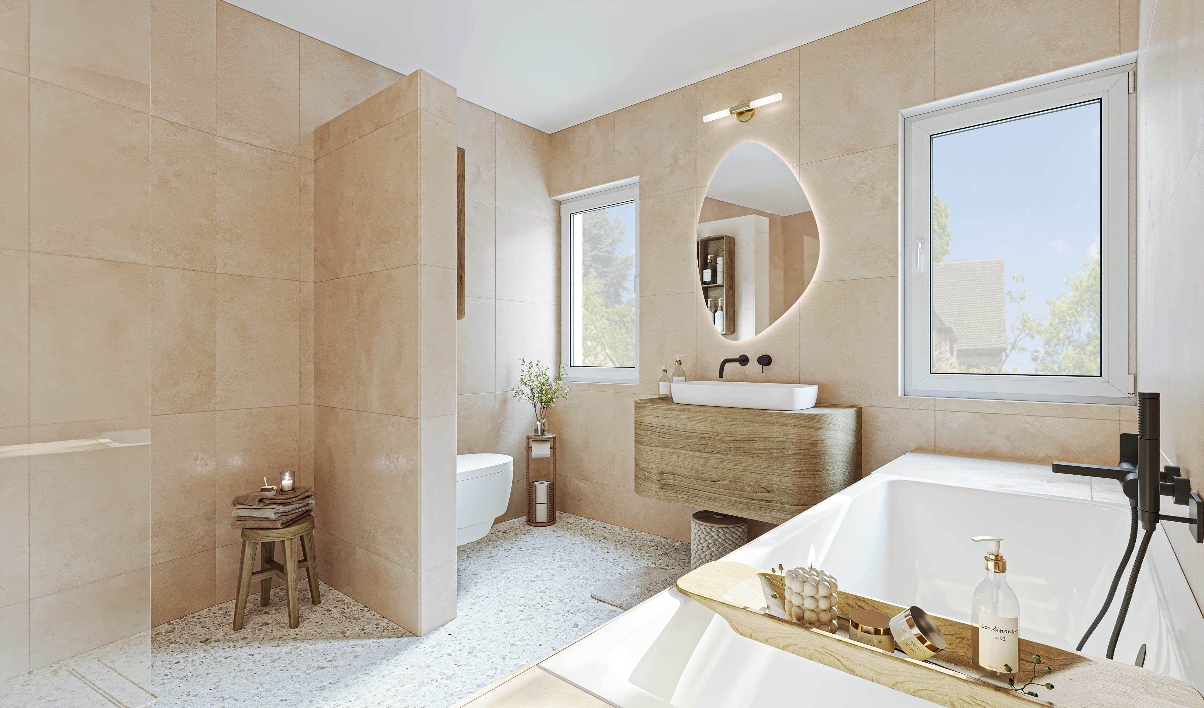 Fotorealistische 3D-Visualisierung eines modernen, tageslichtdurchfluteten Badezimmers: Das stilvolle Interior Design durch virtuelles Home Staging präsentiert eine luxuriöse Wohlfühloase mit warmen, sandfarbenen Wandfliesen und einem trendigen Terrazzo-Boden. Im Fokus stehen eine großzügige Badewanne mit eleganten schwarzen Armaturen, ein schwebender Holzwaschtisch mit Aufsatzbecken und organisch geformtem Leuchtspiegel sowie eine dezent abgetrennte Walk-in-Dusche.